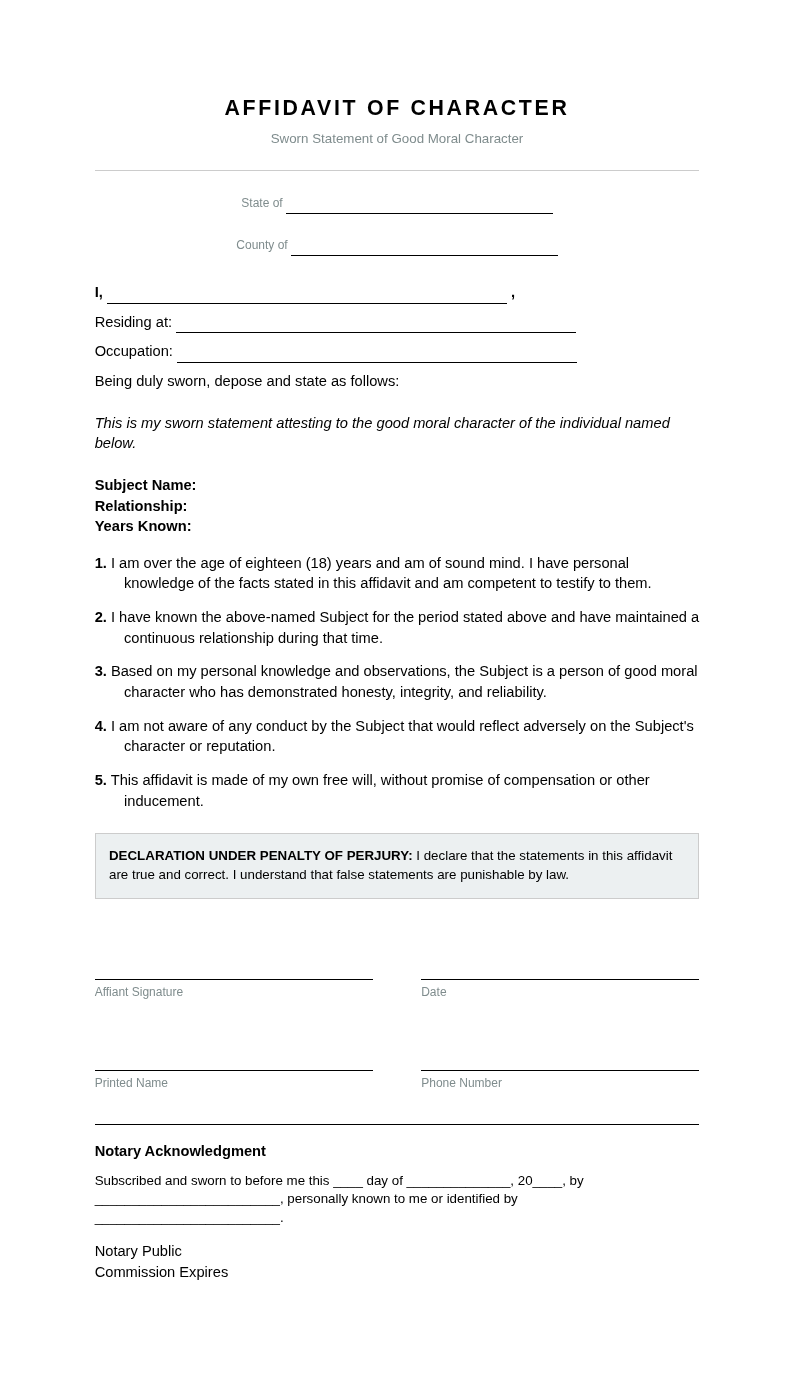 Plain Legal Affidavit of Character